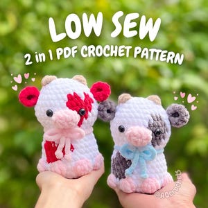 Low Sew Baby Cow Crochet Pattern (2 in 1 crochet cow pattern, amigurumi cow, low sew cow, heart cow, valentine's day crochet pattern)