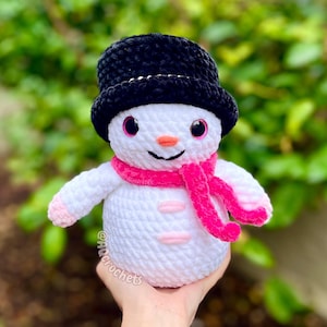 Handmade Pink Snowman Wearing Top Hat Crochet Plush, Crochet Snowman Plushie, Crochet Christmas Plushie, Amigurumi Snowman - ready to ship!
