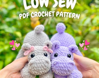 Low Sew Hippo Crochet Pattern (amigurumi hippo, crochet hippo pattern, low sew crochet pattern, animal amigurumi, cute crochet animal)