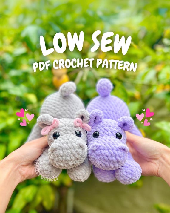 Low Sew Hippo Crochet Pattern (amigurumi hippo, crochet hippo pattern, low sew crochet pattern, animal amigurumi, cute crochet animal)