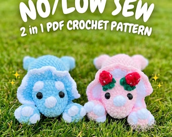 No/Low Sew Laying Triceratops Crochet Pattern (no sew crochet pattern, dinosaur crochet pattern, strawberry triceratops crochet pattern)