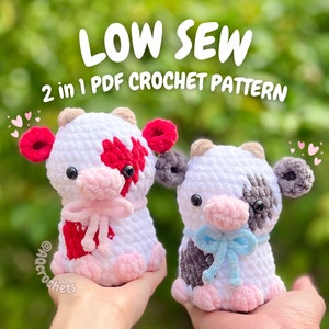Low Sew Baby Cow Crochet Pattern (2 in 1 crochet cow pattern, amigurumi cow, low sew cow, heart cow, valentine's day crochet pattern)