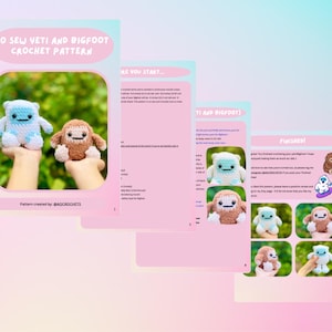Op de afbeelding: Een haakpatroon getiteld "NO SEW YETI AND BIGFOOT CROCHET PATTERN" wordt getoond. Het patroon bevat afbeeldingen van een blauwe en witte Yeti en een bruine Bigfoot. Het patroon is gemaakt door @BADCROCHETS.