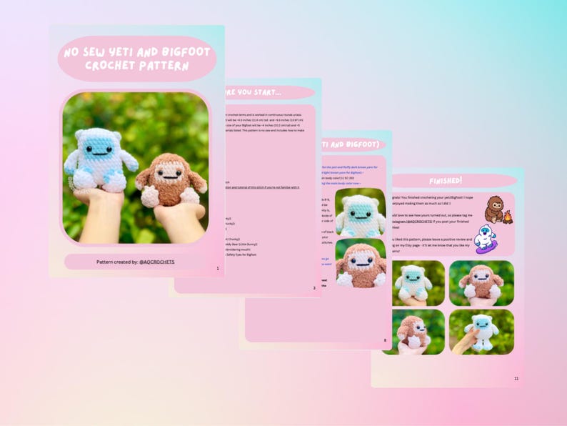 Op de afbeelding: Een haakpatroon getiteld "NO SEW YETI AND BIGFOOT CROCHET PATTERN" wordt getoond. Het patroon bevat afbeeldingen van een blauwe en witte Yeti en een bruine Bigfoot. Het patroon is gemaakt door @BADCROCHETS.