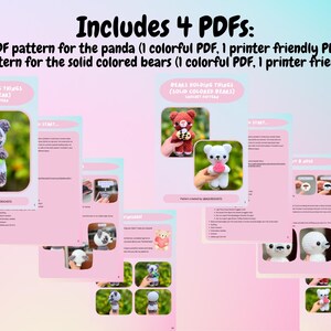 May include: Image of crochet bear patterns. The image includes four PDFs with instructions for panda and solid-colored bear patterns. The patterns include colorful and printer-friendly versions. The text on the image says "Includes 4 PDFs".