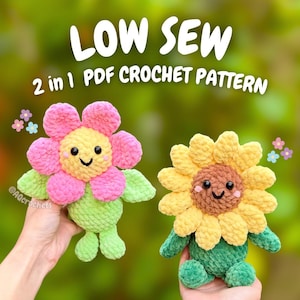 May include: Two crocheted flower plushies, one pink and yellow, the other yellow and brown, with smiling faces and green stems and leaves. The text "LOW SEW 2 in 1 PDF CROCHET PATTERN" is displayed above the flowers.