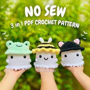 Low Sew Ghosts Wearing Hats 4 in 1 PDF PATTERN (ghost crochet pattern, bee hat ghost, frog hat ghost, cat hat ghost, crochet ghost)