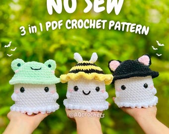 Low Sew Ghosts Wearing Hats 4-in-1 PDF-PATROON (spookhaakpatroon, bijenhoedspook, kikkerhoedspook, kattenhoedspook, gehaakt spook)