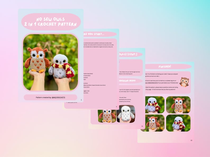 Op de afbeelding: Een haakpatroon getiteld "NO SEW OWLS 2 IN 1 CROCHET PATTERN" met afbeeldingen van twee handgemaakte uilenspeeltjes. De ene uil is bruin en beige, de andere is wit met een rood-gouden sjaal. De patroonpagina's zijn roze en blauw.