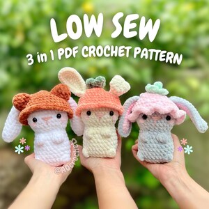 Coniglietti Low Sew che indossano cappelli, schema all'uncinetto (schema all'uncinetto coniglietto low sew, schema all'uncinetto coniglietto, schema coniglietto amigurumi, schema coniglio)