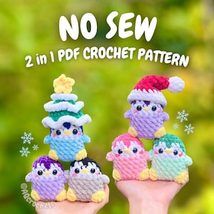 May include: A collection of colorful, crocheted penguin figures, some wearing hats and one resembling a Christmas tree. The image includes the text "NO SEW" and "2 in 1 PDF CROCHET PATTERN". The penguins are in various colors, including purple, pink, and blue.