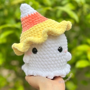 Handmade Ghost Wearing Candy Corn Hat Crochet Plush, Crochet Ghost Plushie, Crochet Halloween Plushie - ready to ship!