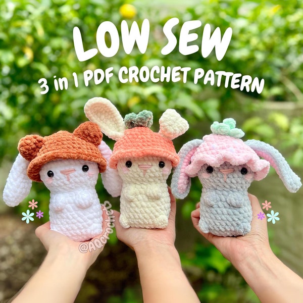 Low Sew Bunnies Wearing Hats Crochet Pattern (low sew bunny crochet pattern, bunny crochet pattern, amigurumi bunny pattern, rabbit pattern)