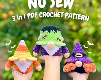 May include: Three handmade crochet gnome figures in Halloween colors. One is orange and yellow, one is purple and green, and one is black and purple. The text "NO SEW 3 in 1 PDF CROCHET PATTERN" is displayed above the gnomes.