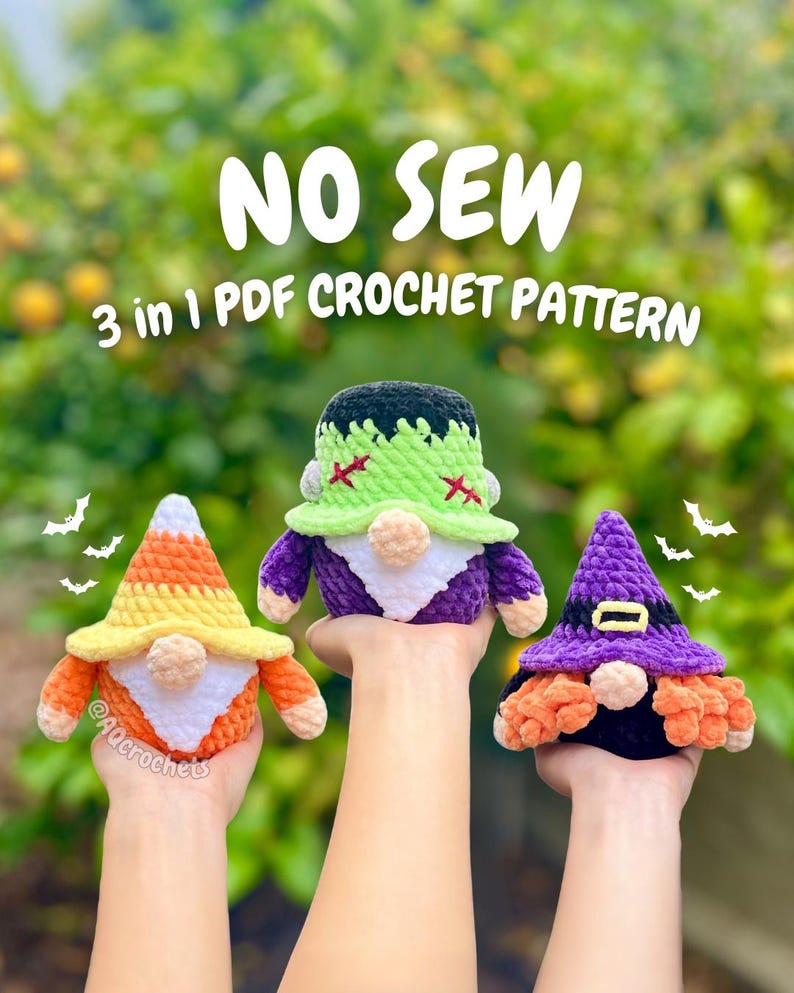 no sew halloween gnomes, crochet halloween gnomes, halloween gnomes crochet pattern, frankenstein gnome crochet pattern, candy corn crochet pattern, witch gnome crochet pattern, crochet frankenstein gnome, crochet candy corn gnome, crochet witch gnome, amigurumi halloween, halloween crochet pattern