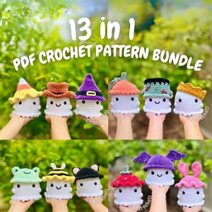 No/Low Sew Ghosts Wearing Hats 13 in 1 PDF PATTERN BUNDLE (no sew ghost crochet pattern, no sew halloween crochet pattern, crochet ghost)