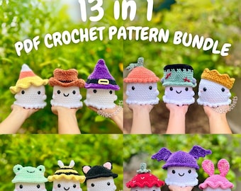 No/Low Sew Ghosts Wearing Hats 13-in-1 PDF PATRONENBUNDEL (geen naai spookhaakpatroon, geen naai halloween-haakpatroon, gehaakt spook)