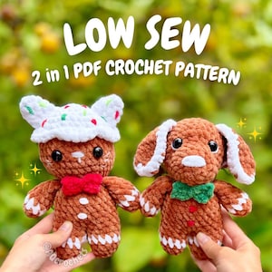 Low Sew Gingerbread Cat and Dog Crochet Pattern (christmas crochet pattern, gingerbread crochet pattern, amigurumi gingerbread pattern)