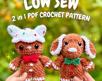 Low Sew Gingerbread Cat and Dog Crochet Pattern (christmas crochet pattern, gingerbread crochet pattern, amigurumi gingerbread pattern)
