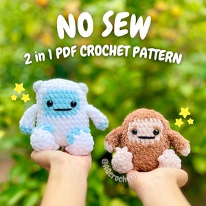 May include: Two crocheted amigurumi figures, a white and blue bear and a brown Bigfoot, are held up against a blurred green background. The text "NO SEW 2 in 1 PDF CROCHET PATTERN" is displayed above the figures. Yellow star accents are also included.