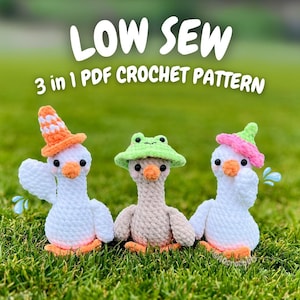 May include: Three crochet duck toys with hats, set on green grass. The ducks are white, beige, and orange, with hats in orange, green, and pink. The image includes the text "LOW SEW 3 in 1 PDF CROCHET PATTERN".