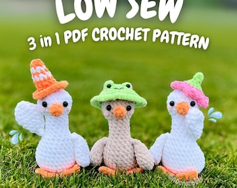 Silly Goose Crochet Pattern (low sew silly goose, amigurumi goose, crochet traffic cone goose, 3 in 1 goose wearing hats crochet pattern)