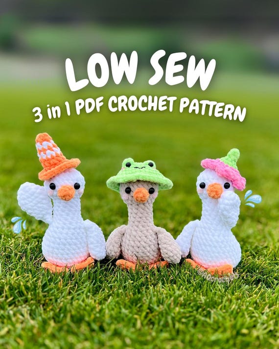 Silly Goose Crochet Pattern (low sew silly goose, amigurumi goose, crochet traffic cone goose, 3 in 1 goose wearing hats crochet pattern)