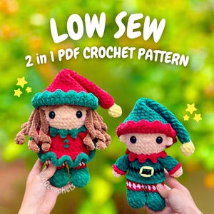 May include: Two crocheted elf dolls, one with brown yarn hair, the other with a green and red outfit. The dolls are held up against a blurred green background. Text on the image reads "LOW SEW 2 in 1 PDF CROCHET PATTERN".