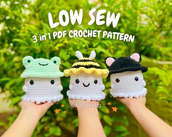 Low Sew Ghosts Wearing Hats 3 in 1 PDF PATTERN (ghost crochet pattern, bee hat ghost, frog hat ghost, cat hat ghost, crochet ghost)