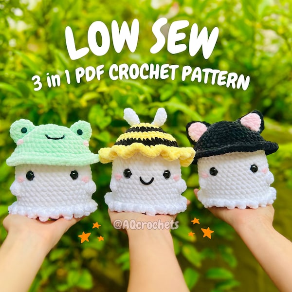 Low Sew Ghosts Wearing Hats 3 in 1 PDF PATTERN (ghost crochet pattern, bee hat ghost, frog hat ghost, cat hat ghost, crochet ghost)