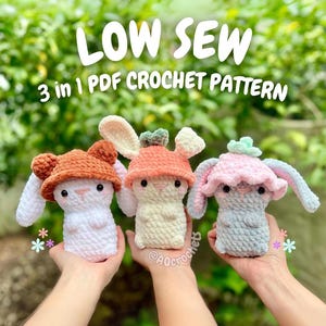 Low Sew Bunnies Wearing Hats Crochet Pattern (low sew bunny crochet pattern, bunny crochet pattern, amigurumi bunny pattern, rabbit pattern)