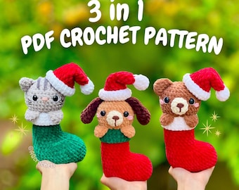 Animals in Christmas Stockings Crochet Pattern (christmas crochet pattern, amigurumi christmas pattern, christmas cat crochet pattern)