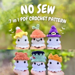 Op de afbeelding: Zes witte gehaakte spookfiguren, elk met een andere kleurrijke hoed. De hoeden hebben oranje, gele, paarse en bruine ontwerpen. De tekst "NO SEW" en "7 in 1 PDF CROCHET PATTERN" staan bovenaan.