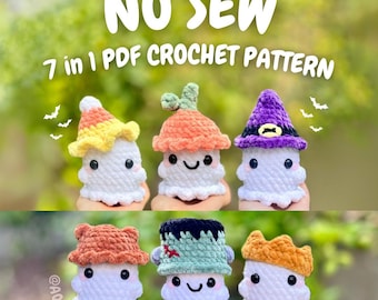 No Sew MINI Ghosts Wearing Hats 7-in-1 pdf-patroonbundel (geen naai-spookhaakpatroon, geen halloween-haakpatroon)