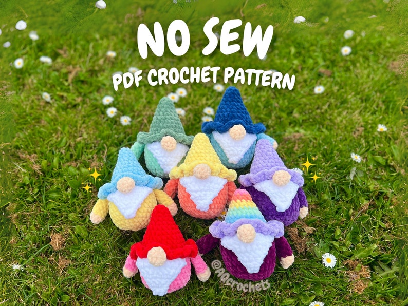no sew crochet pattern, no sew gnome crochet pattern, amigurumi gnome pattern, gnome crochet pattern, cute gnome pattern, summer crochet pattern, spring crochet pattern, gnome plushie