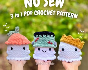 No Sew Ghosts Wearing Hats 4 in 1 PDF PATTERN - Series 2 (no sew ghost crochet pattern, no sew halloween crochet pattern, crochet ghost)