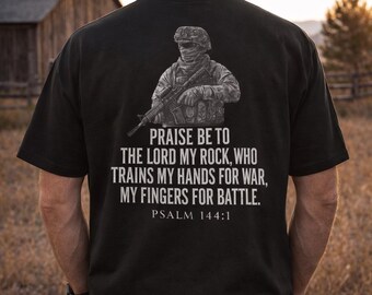 Psalm 144:1 Warrior T-Shirt, Christian Faith Military Apparel, God Trains Hands Tee