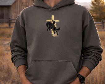Western Cross Hoodie, Cowboy Bronco Faith Sweatshirt, Minimalist Christian Apparel