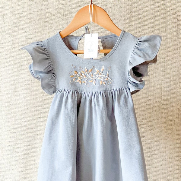 Girls Spring Linen Dress, Handmade Embroidery, Floral design, Special Occasion, Baby Toddler Ruffle Summer Dress, Kids Dress. Made to order