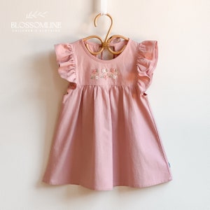 Cotton Linen Dress for girls, Pink baby fall dress flower hand embroidered, Girls wildflower dress, Baby Toddler Ruffle botanical Dress