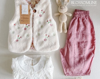 Spring clothes for girls. Toddler Set of white cotton blouse, pink linen pant, fur embroidered vest. Baby Easter set. Girls summer outfit