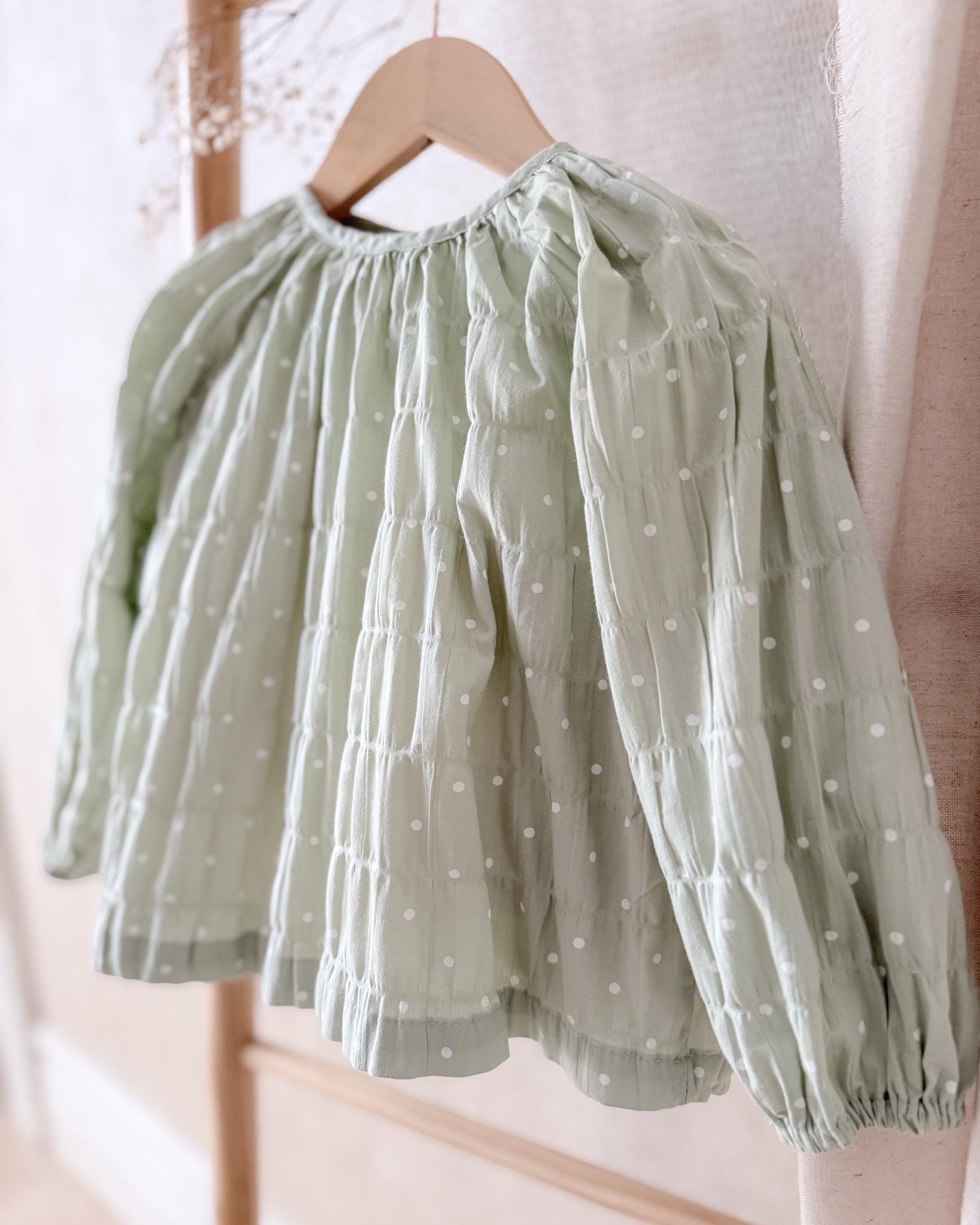 Toddler Girls Cotton Blouse. Cottagecore Polka Dot Long Sleeve Top. Spring Heirloom Green Shirt.