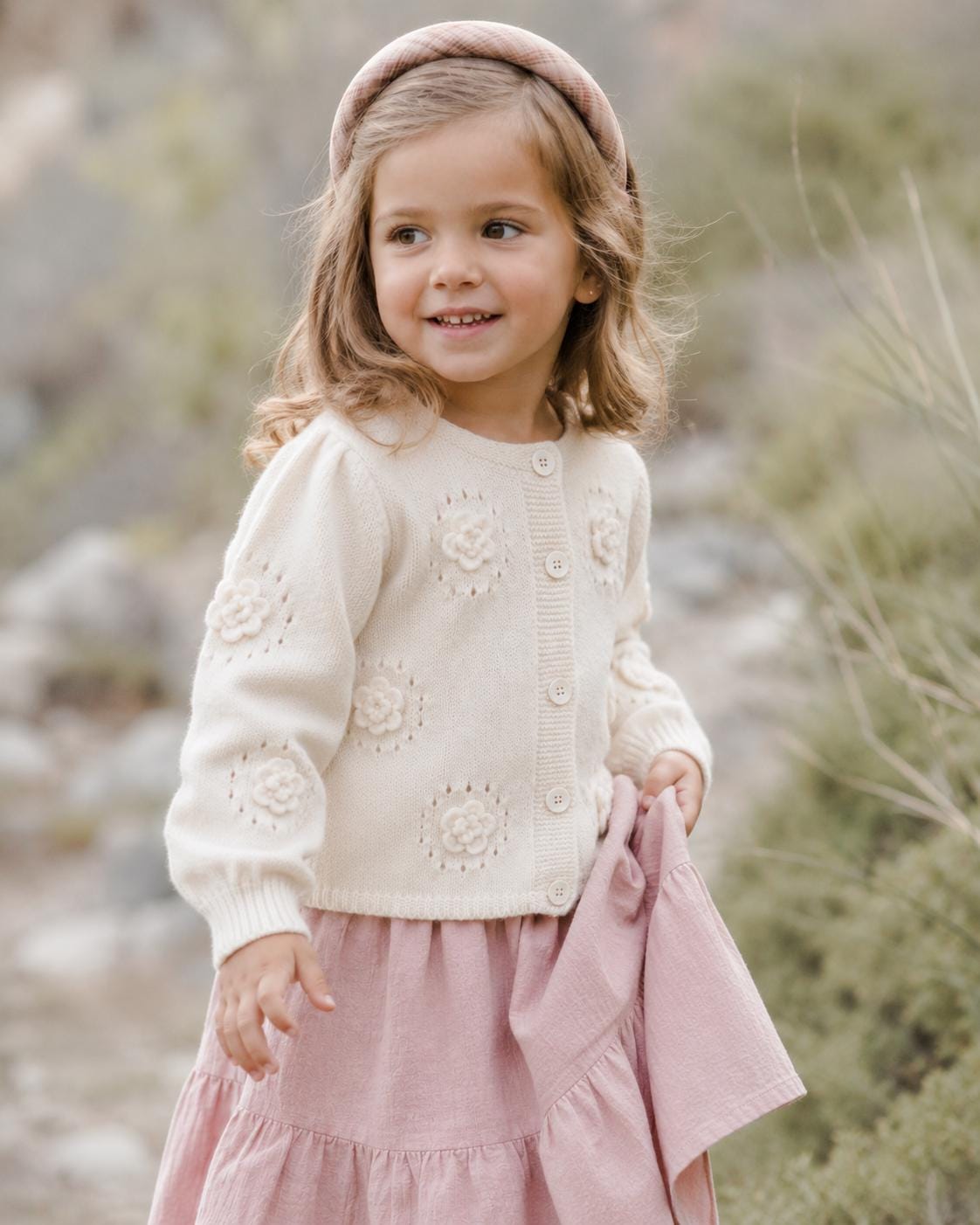 Knit Toddler Girls Cotton Cardigan for Dress. Cream Floral Long Sleeve Sweater