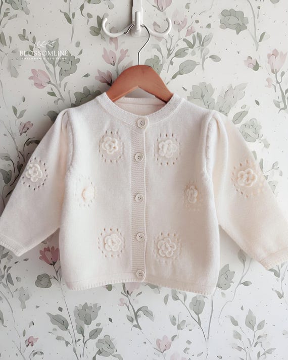 Knit Toddler Cotton Cardigan for Dress. Cream Floral Long Sleeve Sweater for Girls Knit Toddler Cotton Cardigan for Dress. Cream Floral Long Sleeve Sweater for Girls