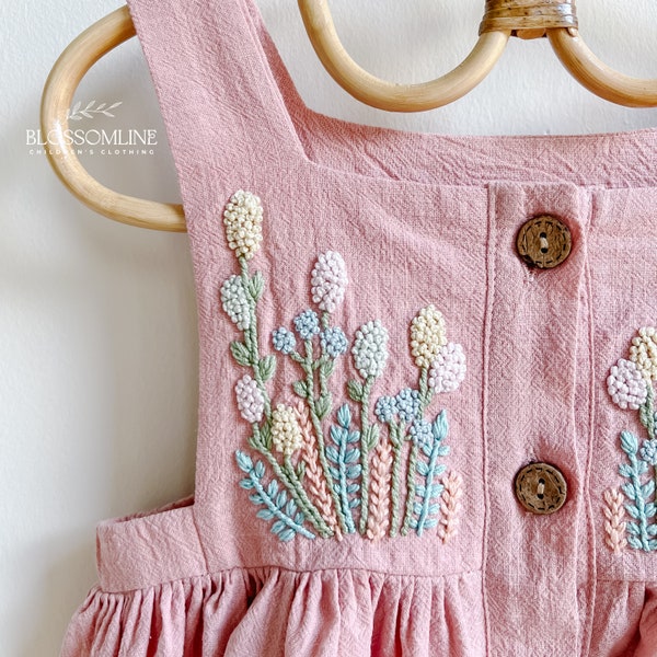 Girls Hand Embroidered Pink Linen Cotton Dress. Wildflower Toddler Botanical Pinafore for Spring.