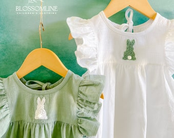 Spring Dress for girls. Baby bunny embroidered ruffle dress. Toddler linen dress for spring. White and green dress for summer. Kids clothing