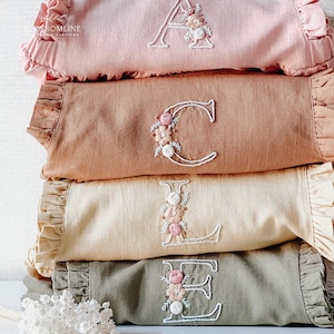 Girls Personalized Linen Dress. Hand emboridered Monogram. Toddler floral initial. Embroidery leters