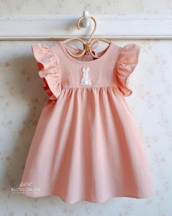 Toddler Girls Linen Dress. Hand Embroidered Bunny for Spring. Summer Baby Linen Outfit.
