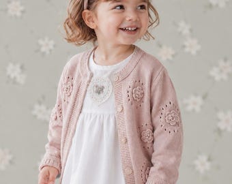 Toddler Girl Cardigan. Floral Dusty Rose Cotton Knit Sweater. Baby Girl Outfit.