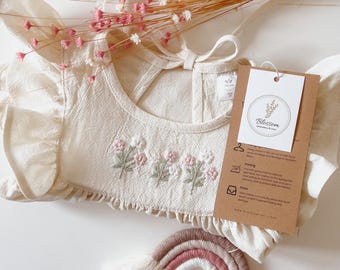 Hand Embroidered Linen Cotton Ruffle Dress for Girls. Toddler Botanical Vintage Style.
